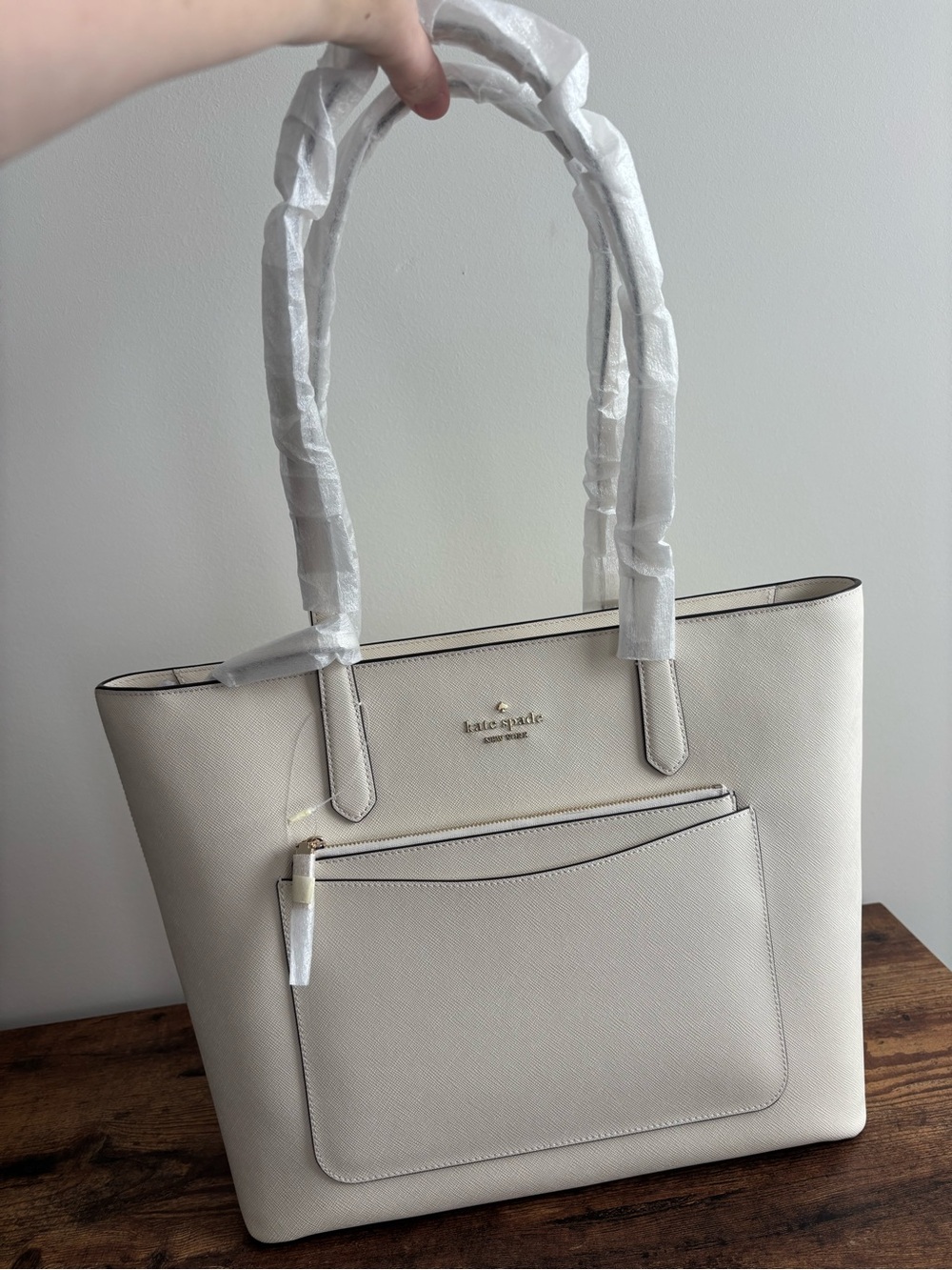 kate spade Cream Saffiano Leather Tote with Front Zip Pocket